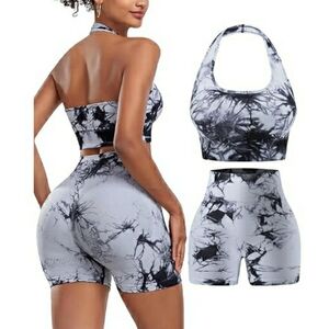 Workout Sets Women Backless Halter Sports Bra High Waist Shorts Gym Outfit Gray